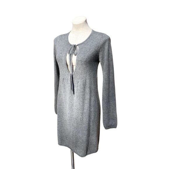 Velvet Cashmere Sweater Dress Long Sleeve Tie Neck Gray Medium - Picture 2 of 6